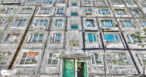 Apartment building comprised of many small block like units