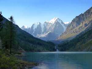 Photograph of alpine lake - Lower Shavla Lake, Siberia, Russia.