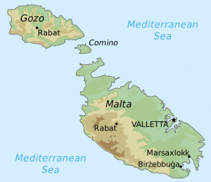 Topographic map of Malta and Gozo islands.