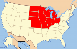 State map of the United States, showing the Midwestern states in red.