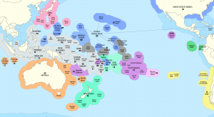 Map using colored outlines to show the exclusive economic zones of countries that border the Pacific Ocean.