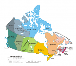 Political map of Canada's provinces and territories.