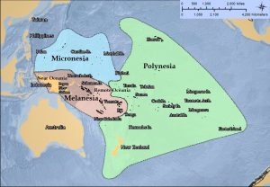 Map showing the areas of the Pacific Realm - Australia, Melanesia, Micronesia, and Polynesia.