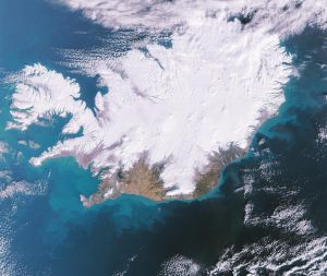 Aerial image of winter snow cover in Iceland.