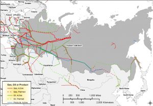 Map of Russia and surrounding countries, showing oil and gas pipelines mainly from western Siberia to Europe.