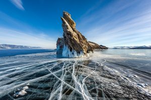 Photograph of cracked ice in Lake Baikal in Siberia, Russia.