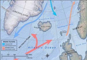 Map showing ocean currents around Iceland.