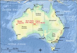 Map showing location of prominent monoliths in Australia.