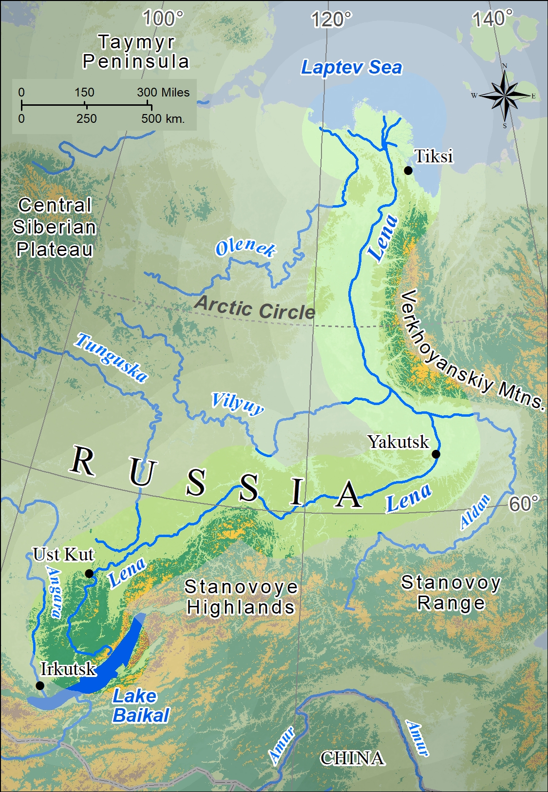 Река Лена на карте