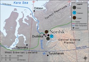 Map of area near Norilsk in north-central Siberia. The map highlights large resources deposits there.