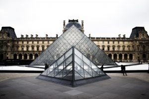 Street level entrance to the Louvre Art Museum in Paris.