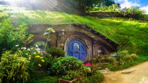 Photograph of the still maintained Hobbiton from the New Zealand set of the Hobbit and Lord of the Rings movies.