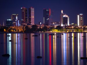 Nighttime photograph of Tallinn's skyline.