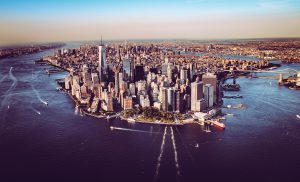 Aerial photograph of Manhattan, New York, and surrounding water.