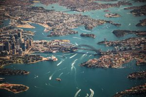 Aerial photography of Sydney, Australia, and its harbor.