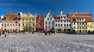 Photograph of colorful town square in Tallinn, Estonia.