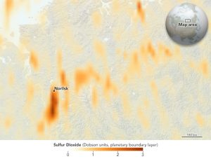 A satellite image showing high levels of sulfur dioxide emissions at and near Norilsk, Russia.