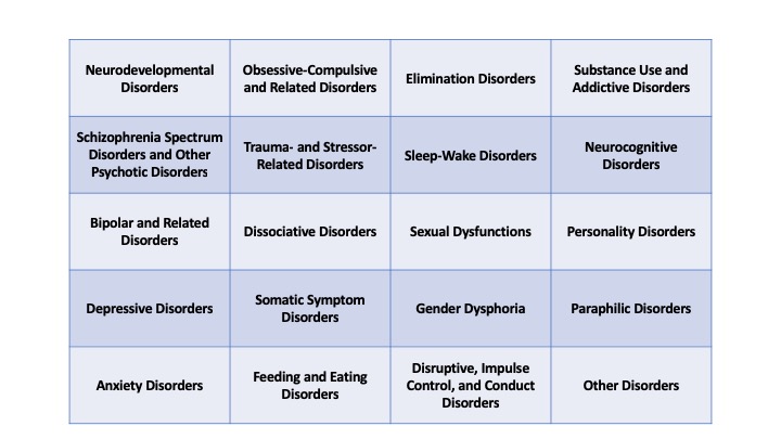 List of DSM5 Chapters: Neurodevelopmental Disorders, Obsessive-Compulsive and Related Disorders, Elimination Disorders, Substance Use and Addictive Disorders, Schizophrenia Spectrum Disorders and Other Psychotic Disorders, Trauma- and Stressor-Related Disorders, Sleep-Wake Disorders, Neurocognitive Disorders, Bipolar and Related Disorders, Dissociative Disorders, Sexual Dysfunctions, Personality Disorders, Depressive Disorders, Somatic Symptom Disorders, Gender Dysphoria, Anxiety Disorders, Feeding and Eating Disorders; Disruptive, Impulse Control, and Conduct Disorders; Other Disorders