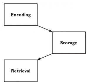 A diagram with three boxes. Encoding is the first box and leads to Storage. The Storage box leads to Retrieval