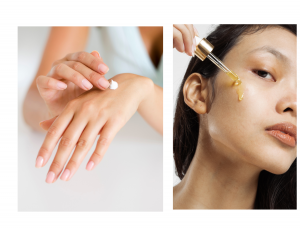 Woman giving herself a hand massage and a facial.