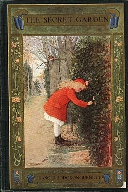 Cover art for The Secret Garden. Young Mary bends over to open the leave-covered door that leads into The Secret Garden.