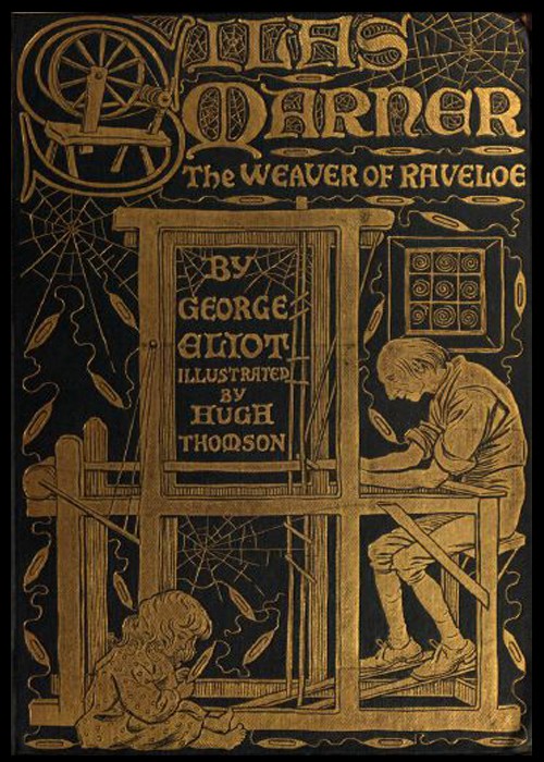 Cover art for Silas Marner. Marner the weaver sits at his loom as his foundling daughter plays on the floor.