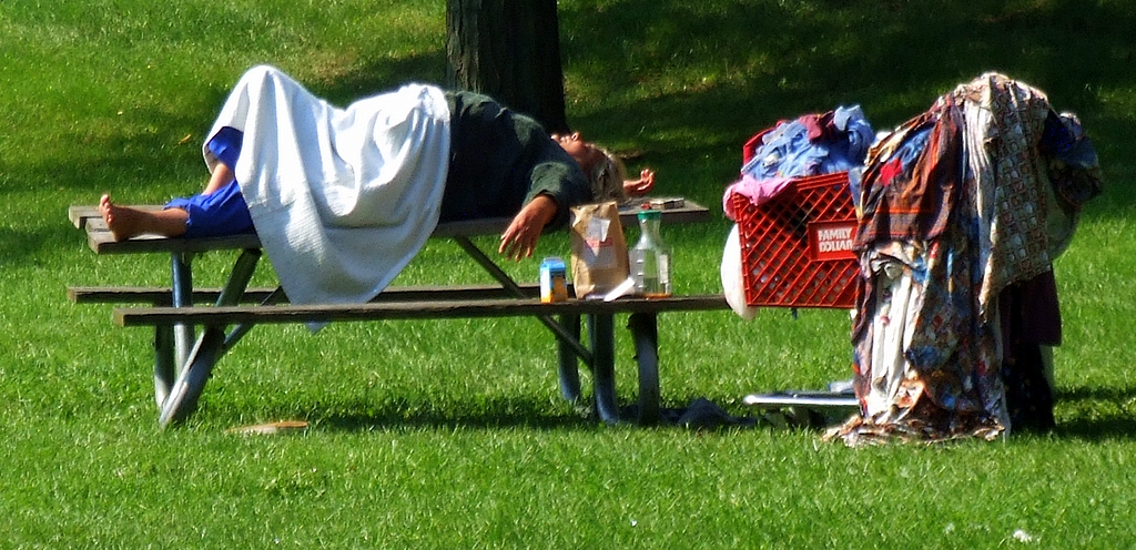 Color picture of a homeless woman sleeping on a picnic table. Her belongings are piled in a shopping cart next to her.