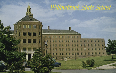 color postcard iamge of the Willowbrook State Institution, a large, imposing building