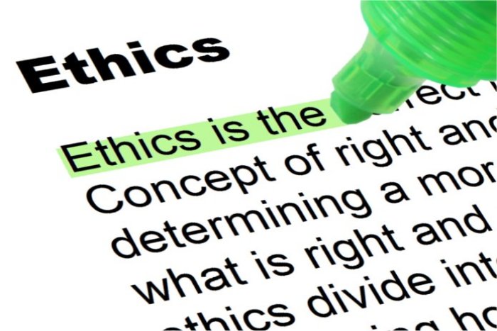 Closeup of a definition of the word Ethics with green highlight