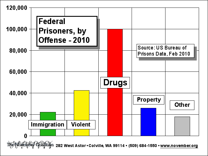 Graph from the November Organization showing federal prisoners by offense in 2010. The data comes from the US Bureau of Prisons Data. More federal prisoners are incarcerated for drugs about 100,000 than for immigration, violent acts, property crimes, or other.
